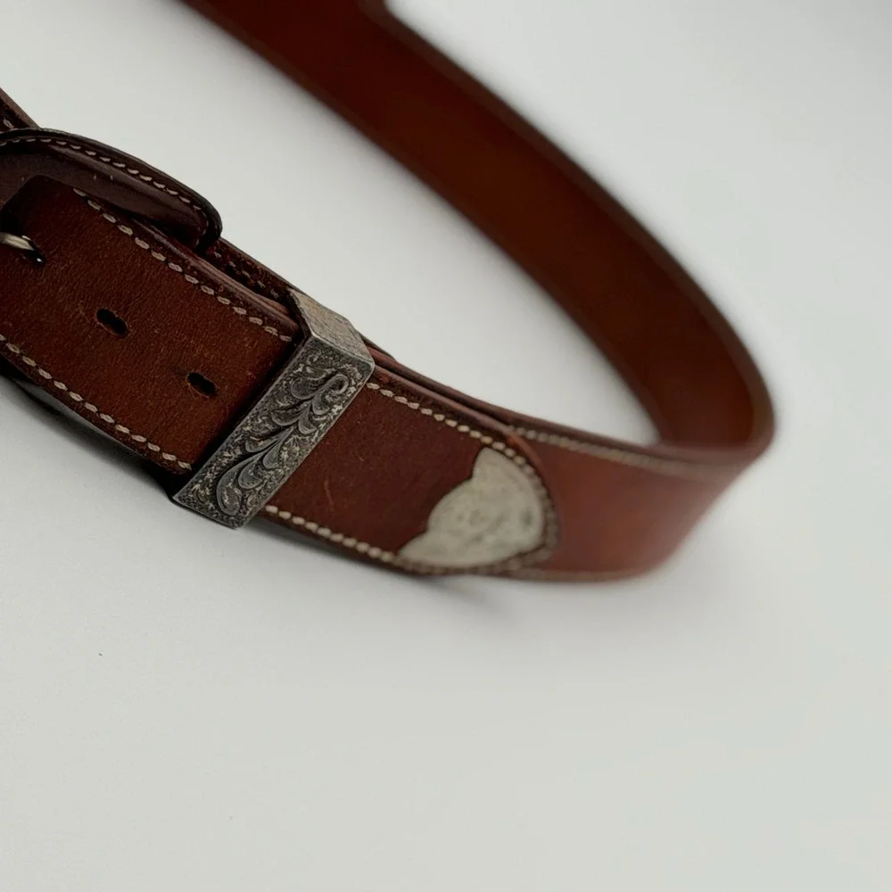 Vintage Hugo Boss Brown Leather Western Ranger Belt Silver Engraved Hardware 85